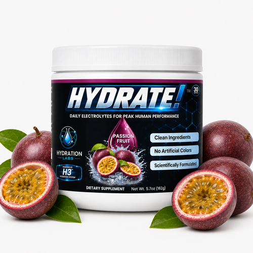 Electrolyte hydration powder container with passion fruit flavor, surrounded by passion fruits 