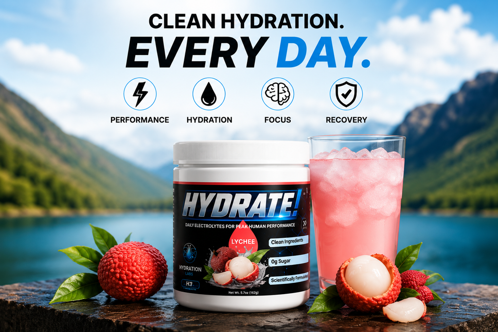 Lychee electrolyte drink mix with glass of pink beverage