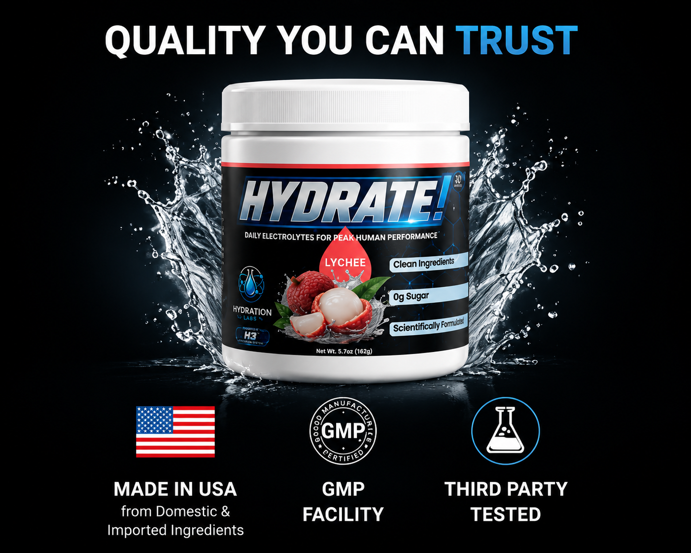 Hydrate! Lychee electrolyte supplement with GMP certification and made in USA