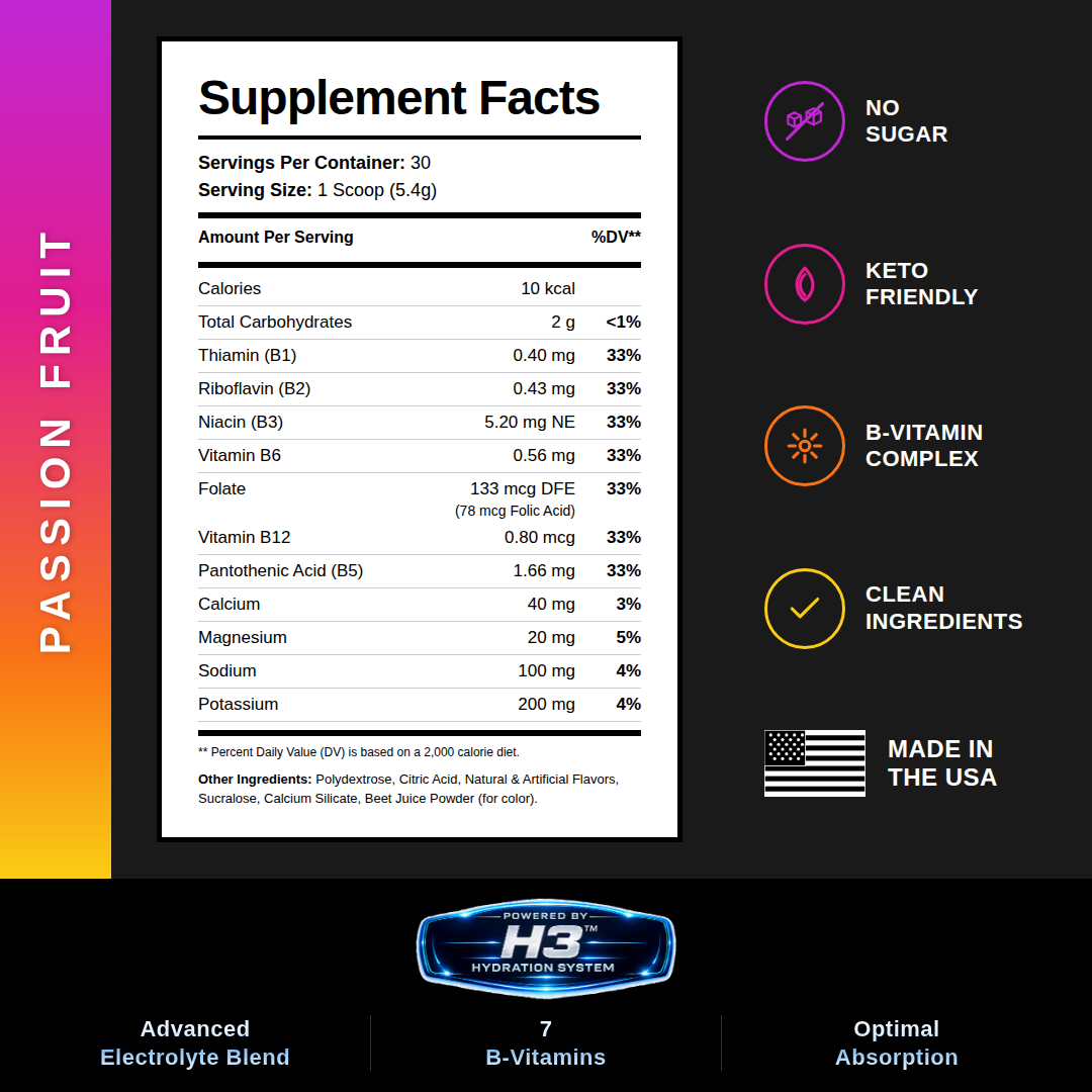 Hydrate electrolyte powder nutrition and supplement facts with H3 and callouts 