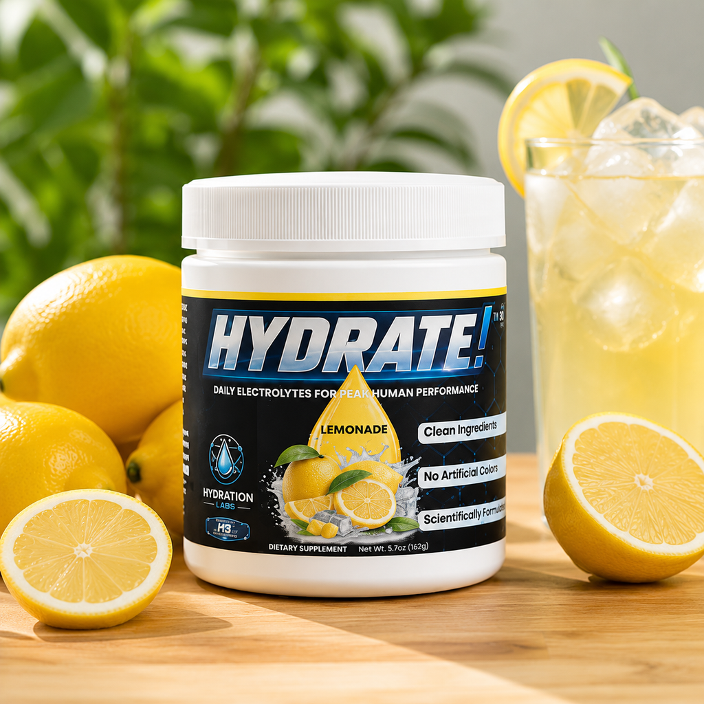 Hydrate! Lemonade Electrolyte Drink Powder Ice Cold Glass inside with lemons