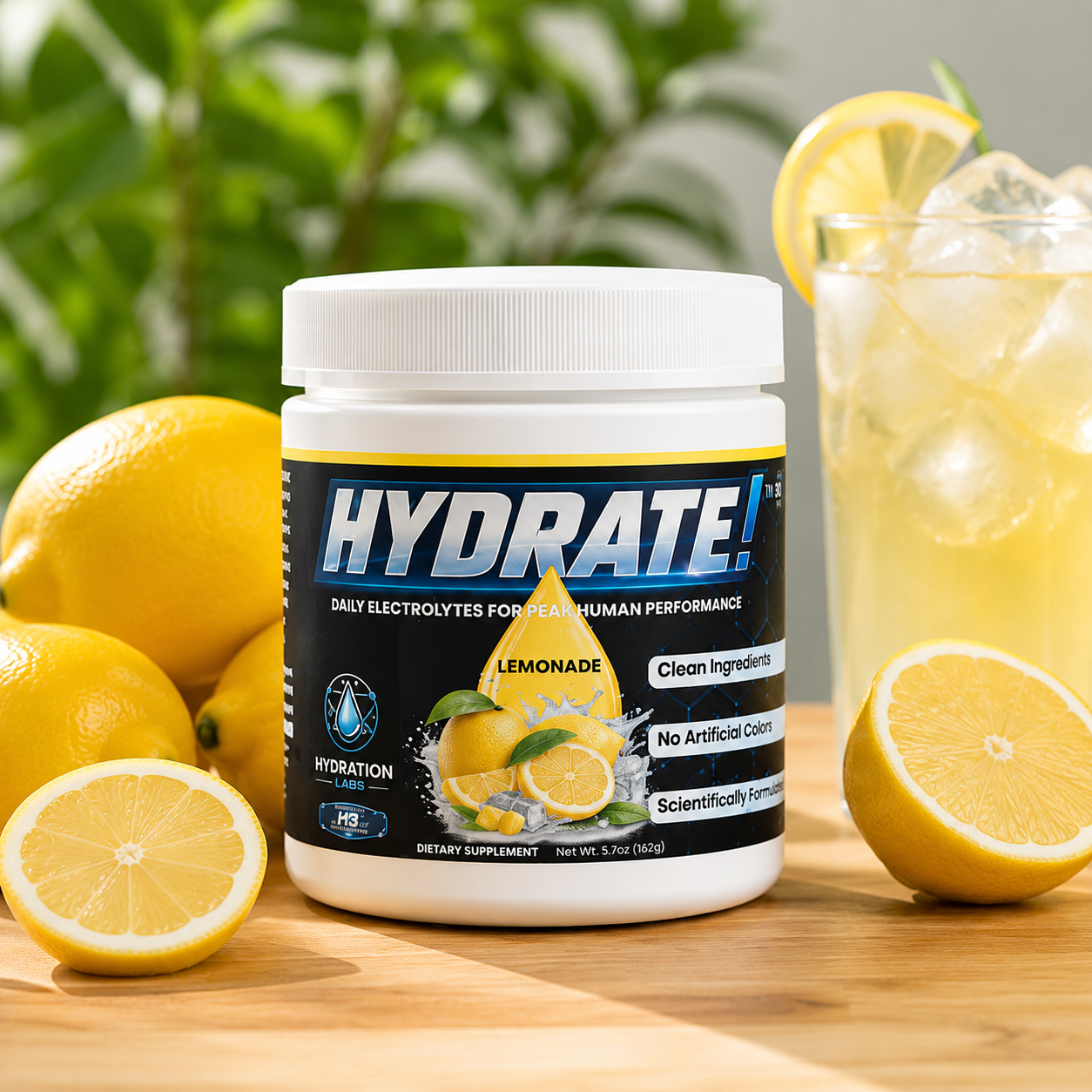 Hydrate! Lemonade Electrolyte Drink Powder Ice Cold Glass inside with lemons