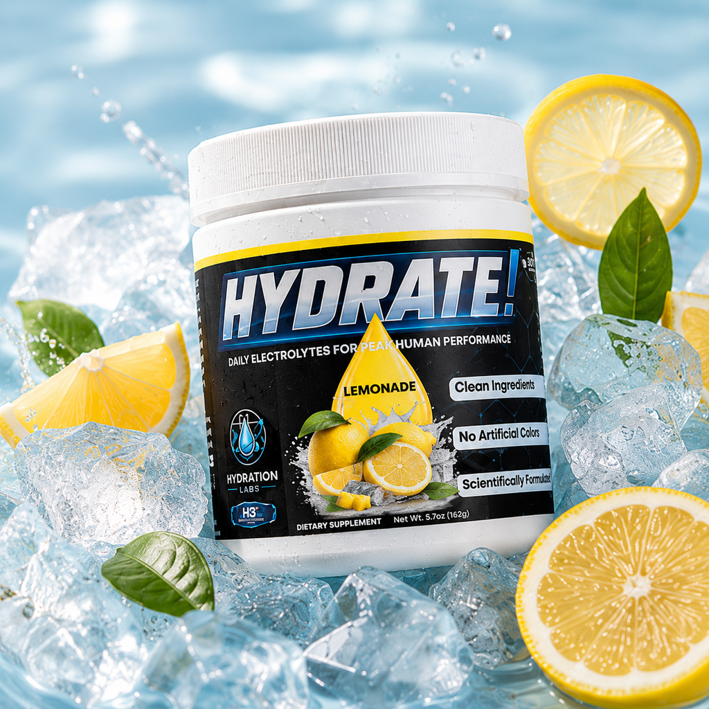 Hydrate! Lemonade Electrolyte Drink Powder Container on ice in water with lemons