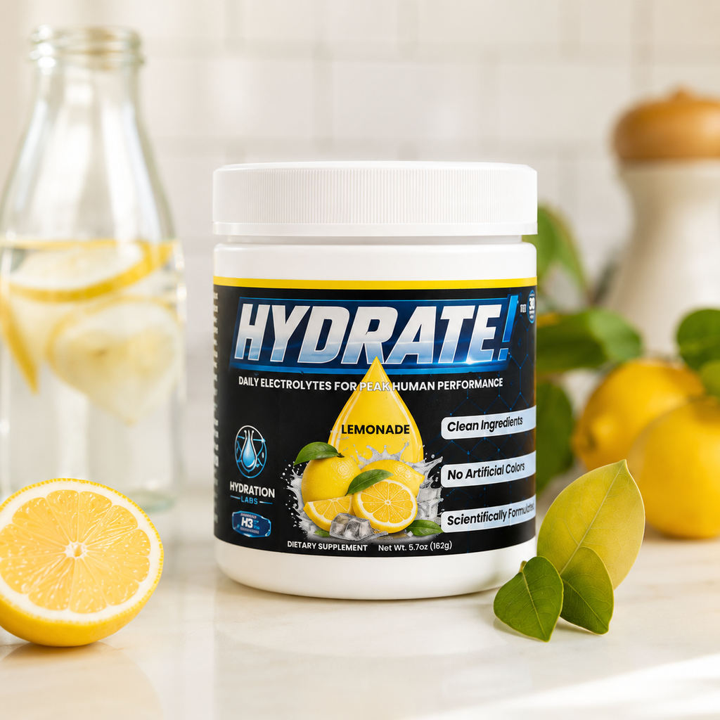 Hydrate! Lemonade Electrolyte Drink Powder inside kitchen with lemons