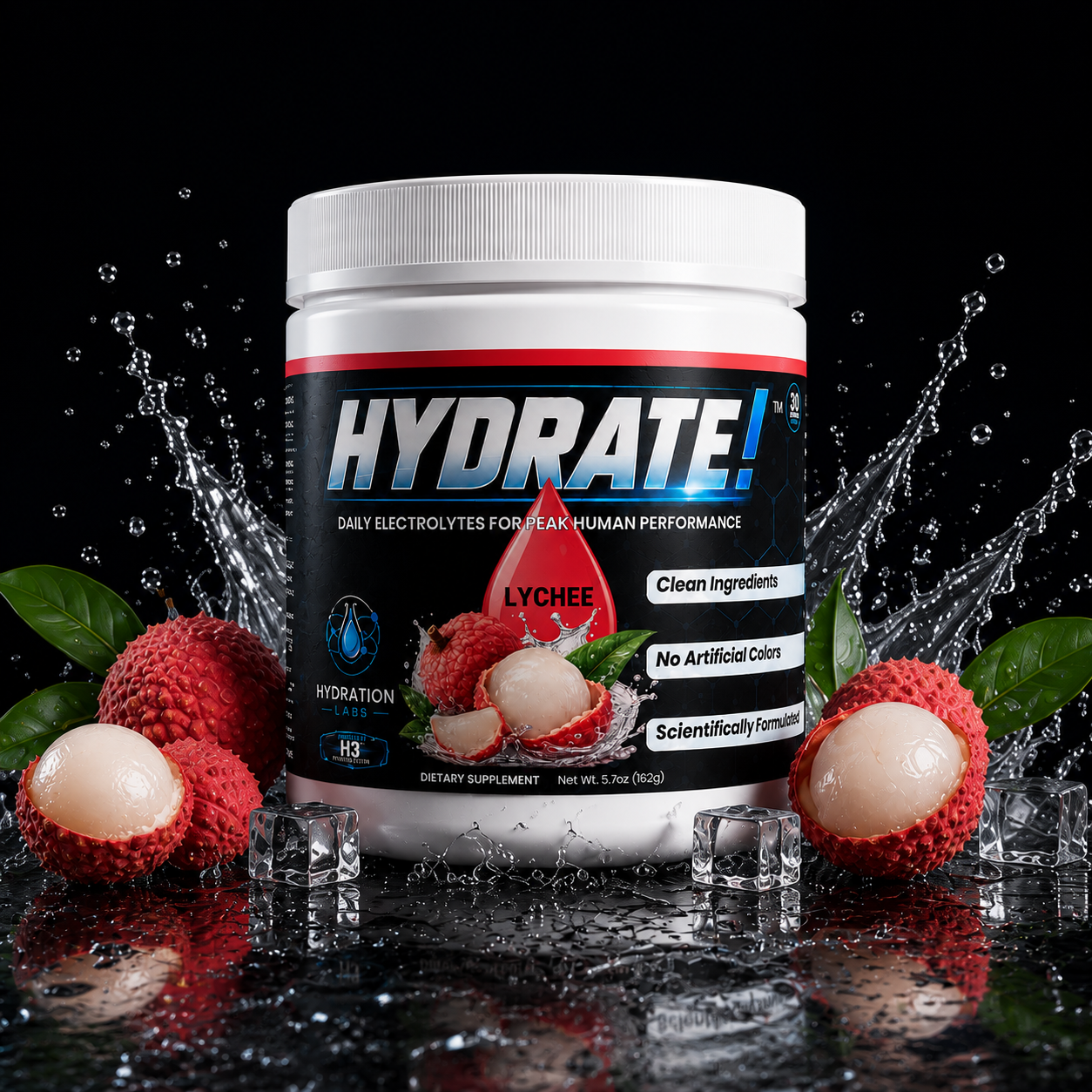 Hydrate! Lychee Electrolyte Drink Powder Splash Container