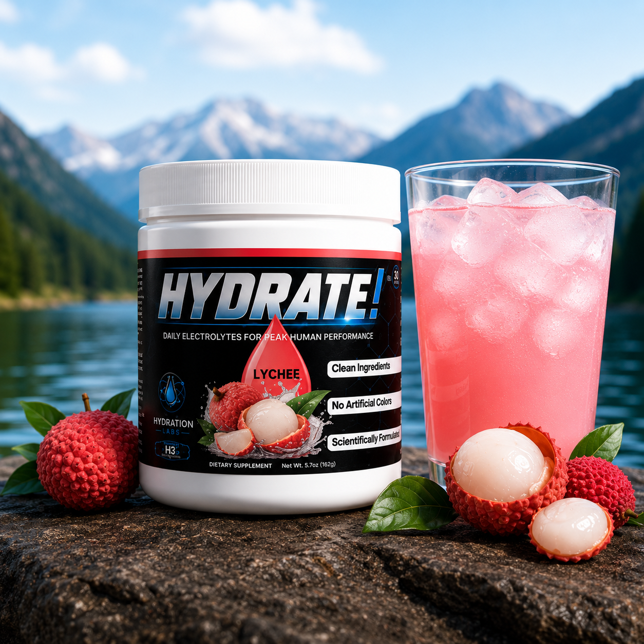 Hydrate! Lychee Electrolyte Drink Powder Ice Cold Mountain Range