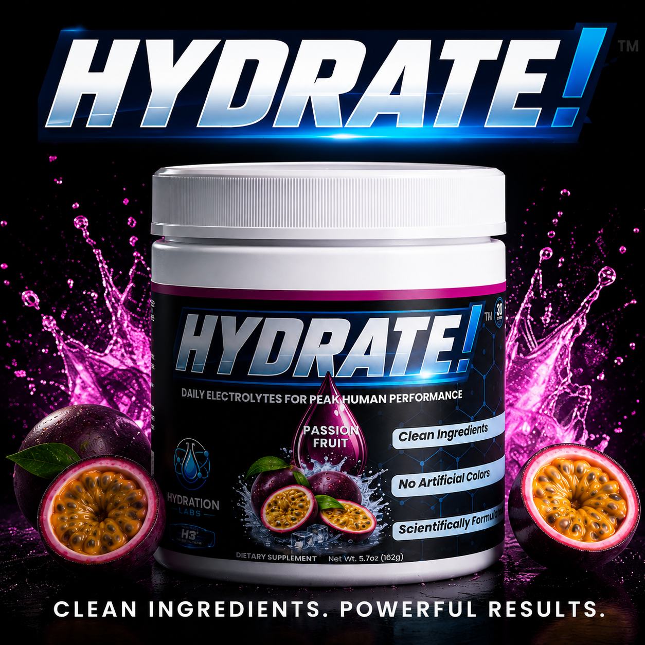 Electrolyte hydration powder container with passion fruit flavor, surrounded by passion fruit and pink splash