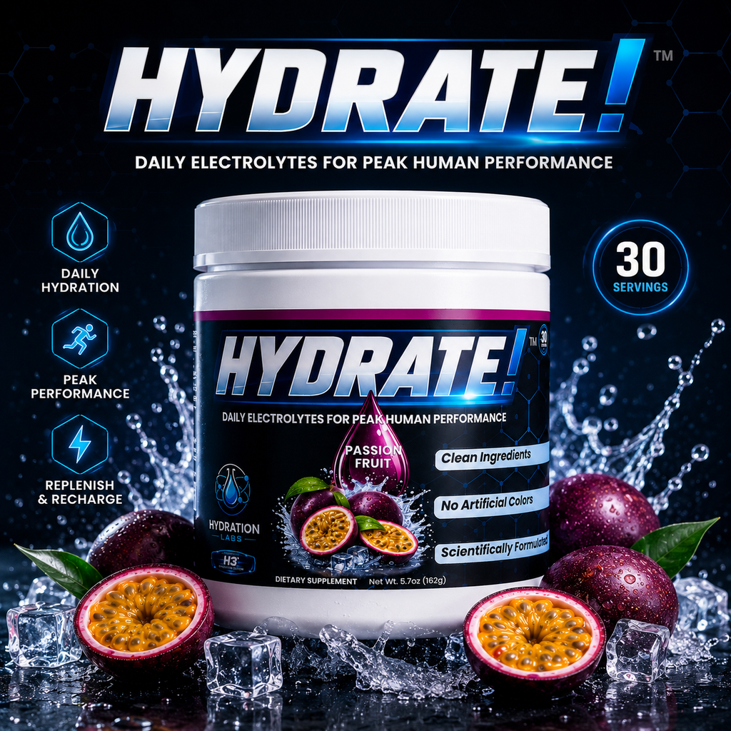 Electrolyte hydration powder container with passion fruit flavor, surrounded by passion fruits and ice cubes