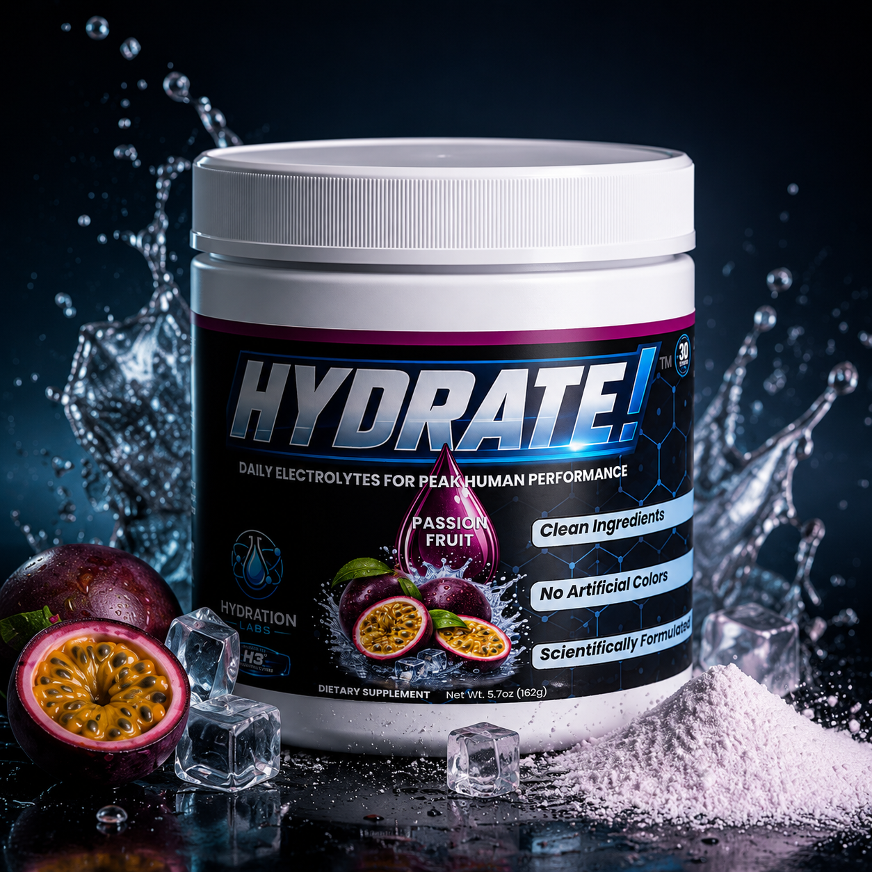 Electrolyte hydration powder container with passion fruit flavor, surrounded by passion fruits and drink powder