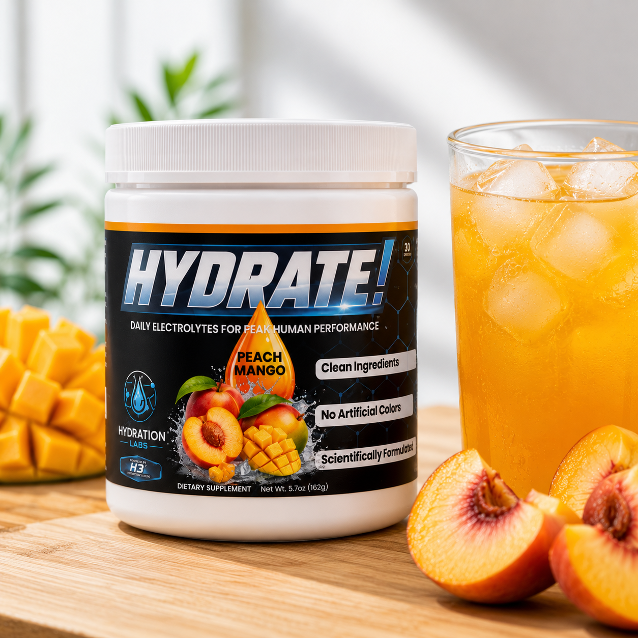Hydrate! Peach Mango Electrolyte Drink Powder Ice Cold Glass