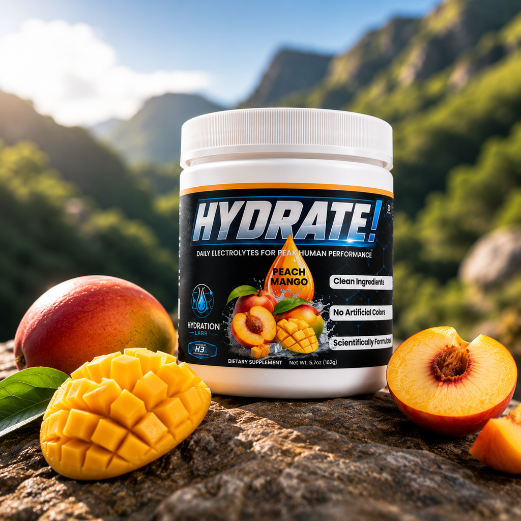 Hydrate! Peach Mango Electrolyte Drink Powder Outside on Rock with peaches and mangos
