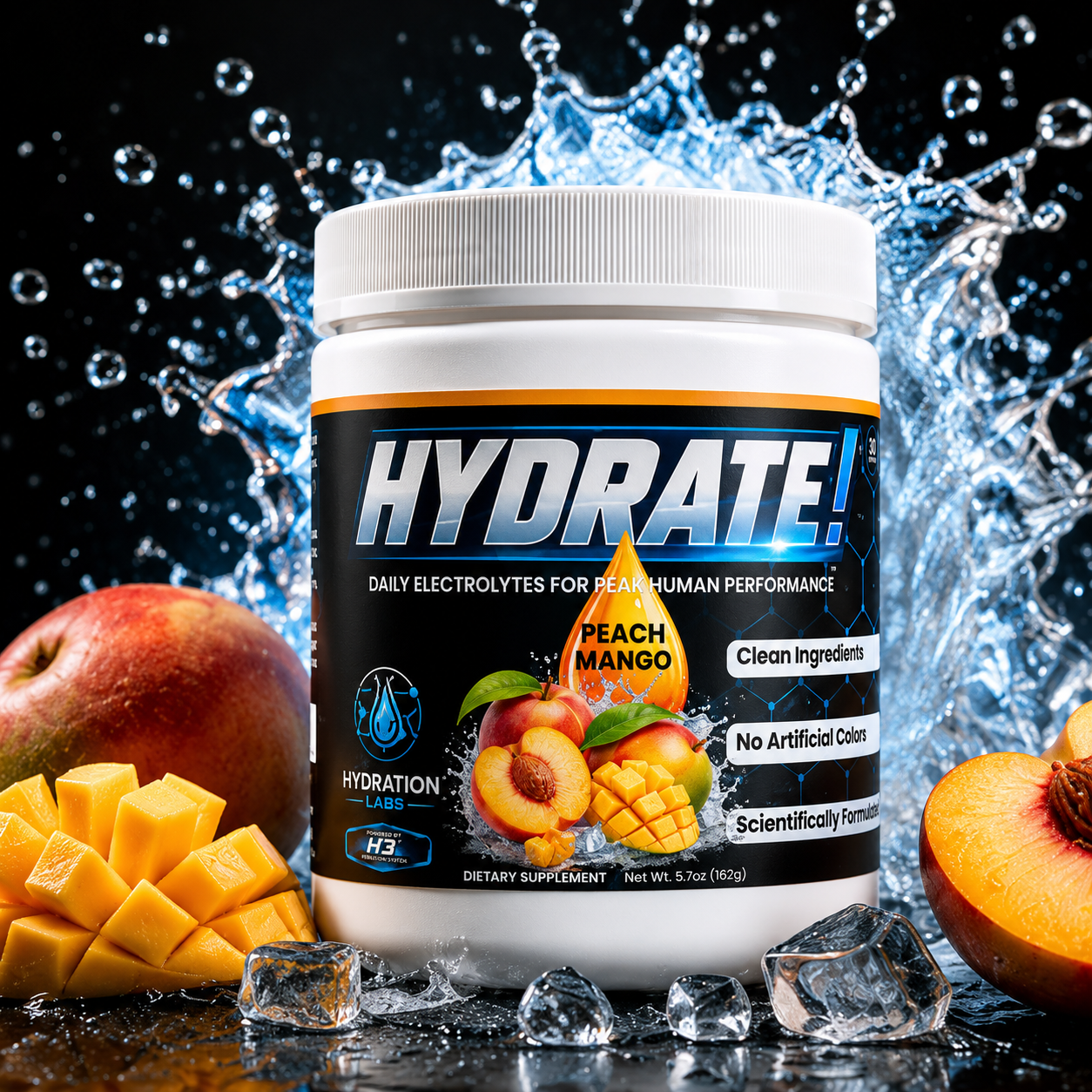 Hydrate! Peach Mango Electrolyte Drink Powder Splash Container