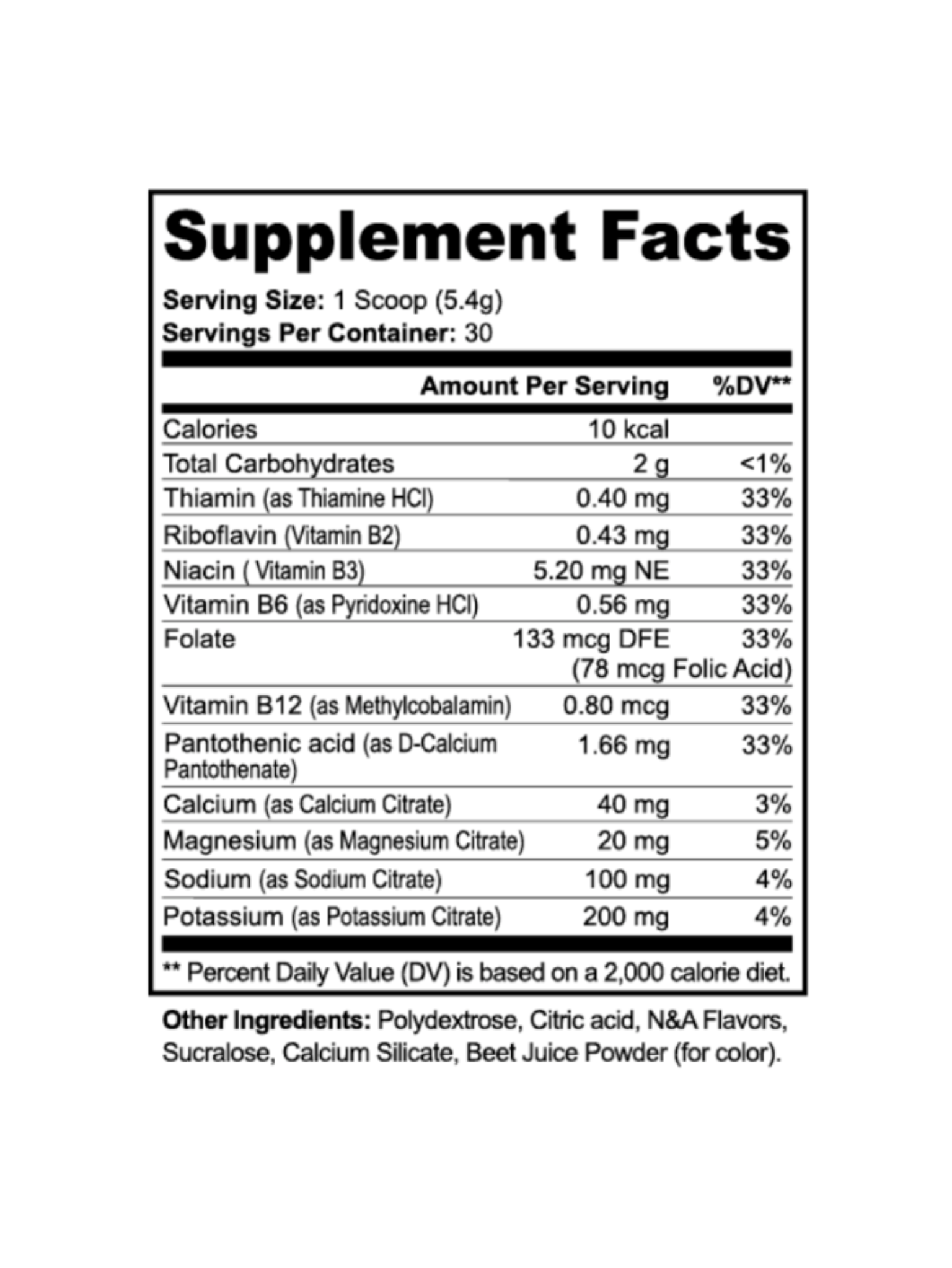 Hydrate! Lychee electrolyte powder with supplement facts and ingredients list