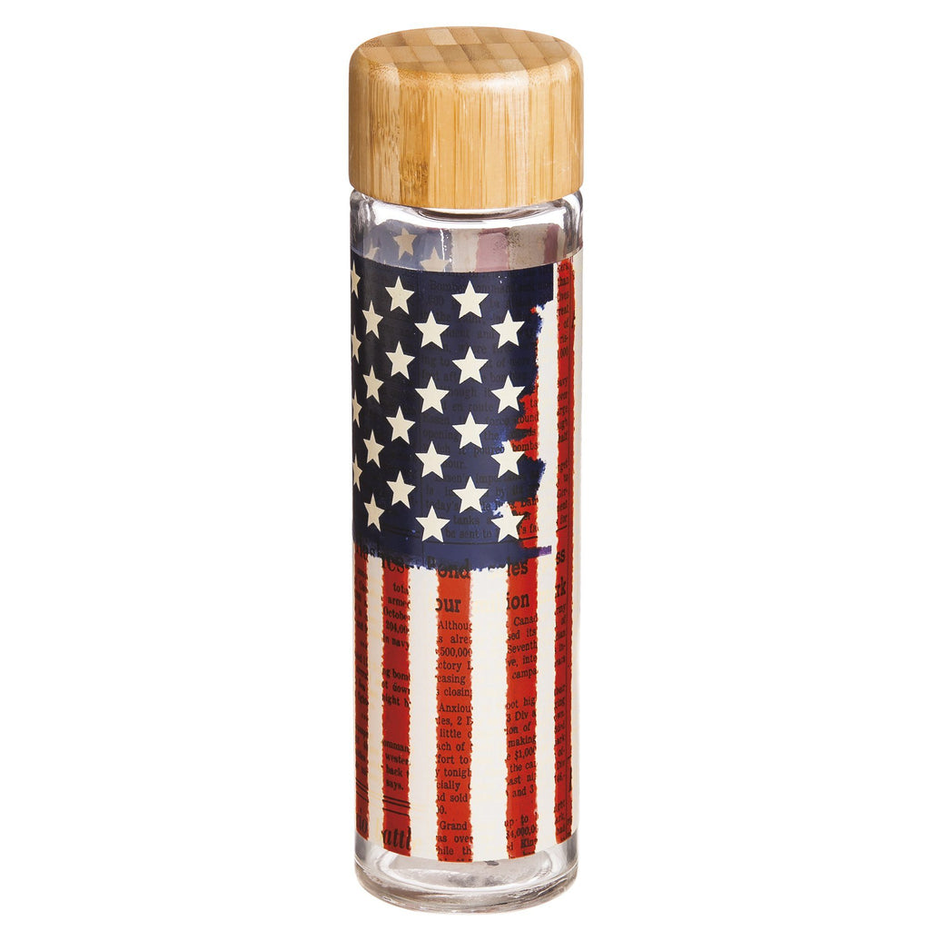 Side view of woman smiling with red tank top holding patriotic water bottle