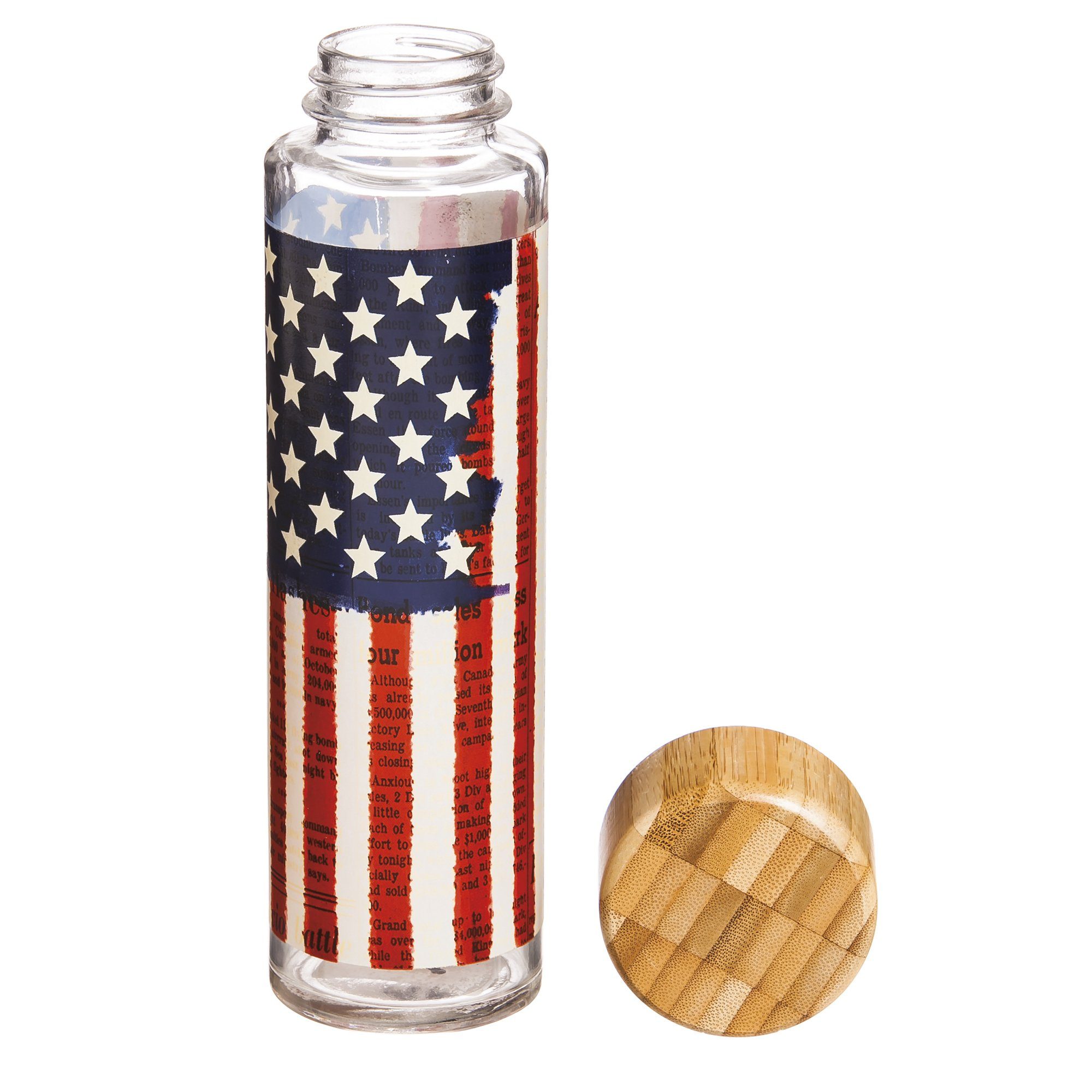 Patriotic star design on glass water bottle with bamboo lid